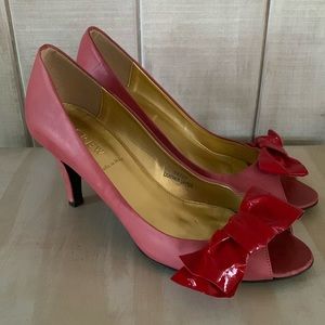 J Crew Lulu peep toe bow heels pink leather with patent red bow size 8